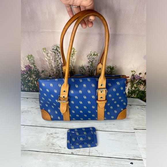 Dooney & Bourke Handbags - Dooney & Bourke Blue & Tan Leather Satchel Bag Purse With Matching Card Holder
